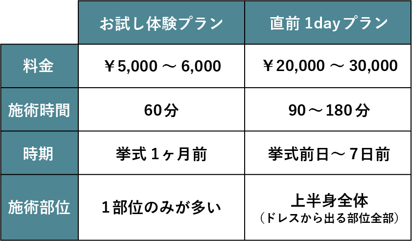 お試し体験と直前1dayプランの比較表