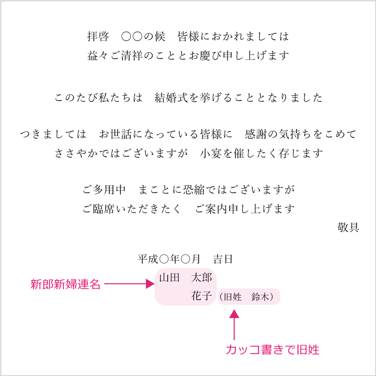 招待状文例（差出人が新郎新婦名義）